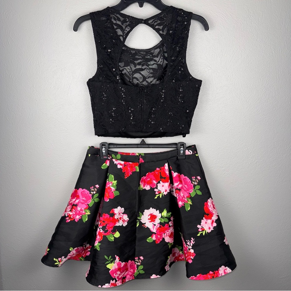 B. Darlin 2 Pc Lace Floral Black Pink Cocktail Party Prom Dress 11/12 Sequins - Picture 2 of 15
